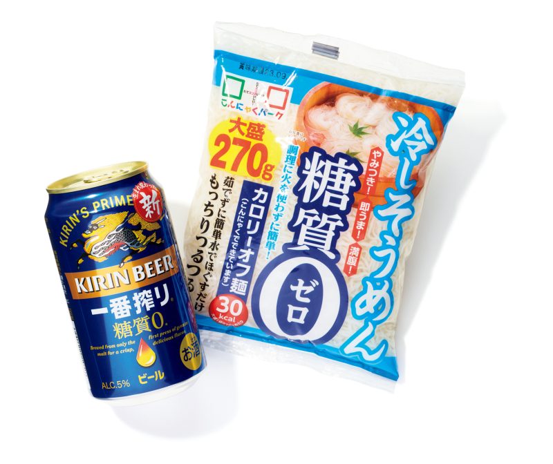 本格的なのに糖質ゼロ！　（左）キリン一番搾り 糖質ゼロ 350mL オープン価格／キリンビール　（右）糖質0冷しそうめん大盛り 270g ￥162／ヨコオデイリーフーズ