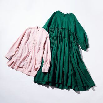 nest Robe〔ネストローブ〕 ワンピース¥35,200／ネストローブ（ネストローブ 表参道店）、シャツ¥19,800／アップサイクルリノベーシック（ネストローブ 渋谷店）