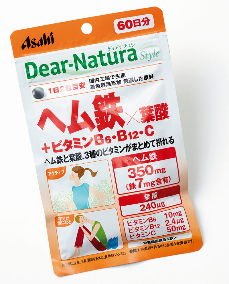 ディアナチュラ ヘム鉄×葉酸+ビタミンB6・B12・C 120粒入 ￥2,246／アサヒグループ食品