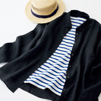 ボーダーボートネックTシャツ¥1,990／無印良品銀座、帽子／スタイリスト私物