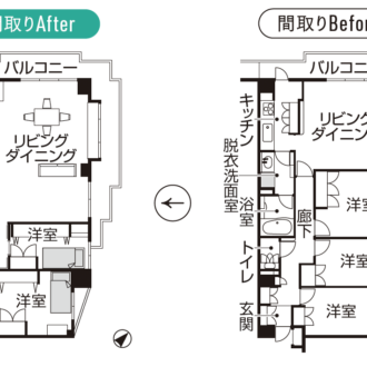 3LDKから、リビングを広げた２LDKへ間取り変更。