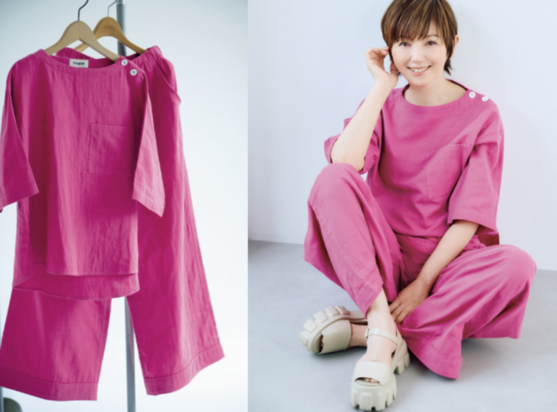 ほどよい抜け感で自信をまとう　華奢見えダブルガーゼトップス￥4 ,620、美脚見えダブルガーゼパンツ￥5 ,478 ／ともにフェリシモ