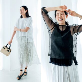 50代のモノトーン
【白】Tシャツと【黒】シアーが
大人の夏服を上品に格上げ！