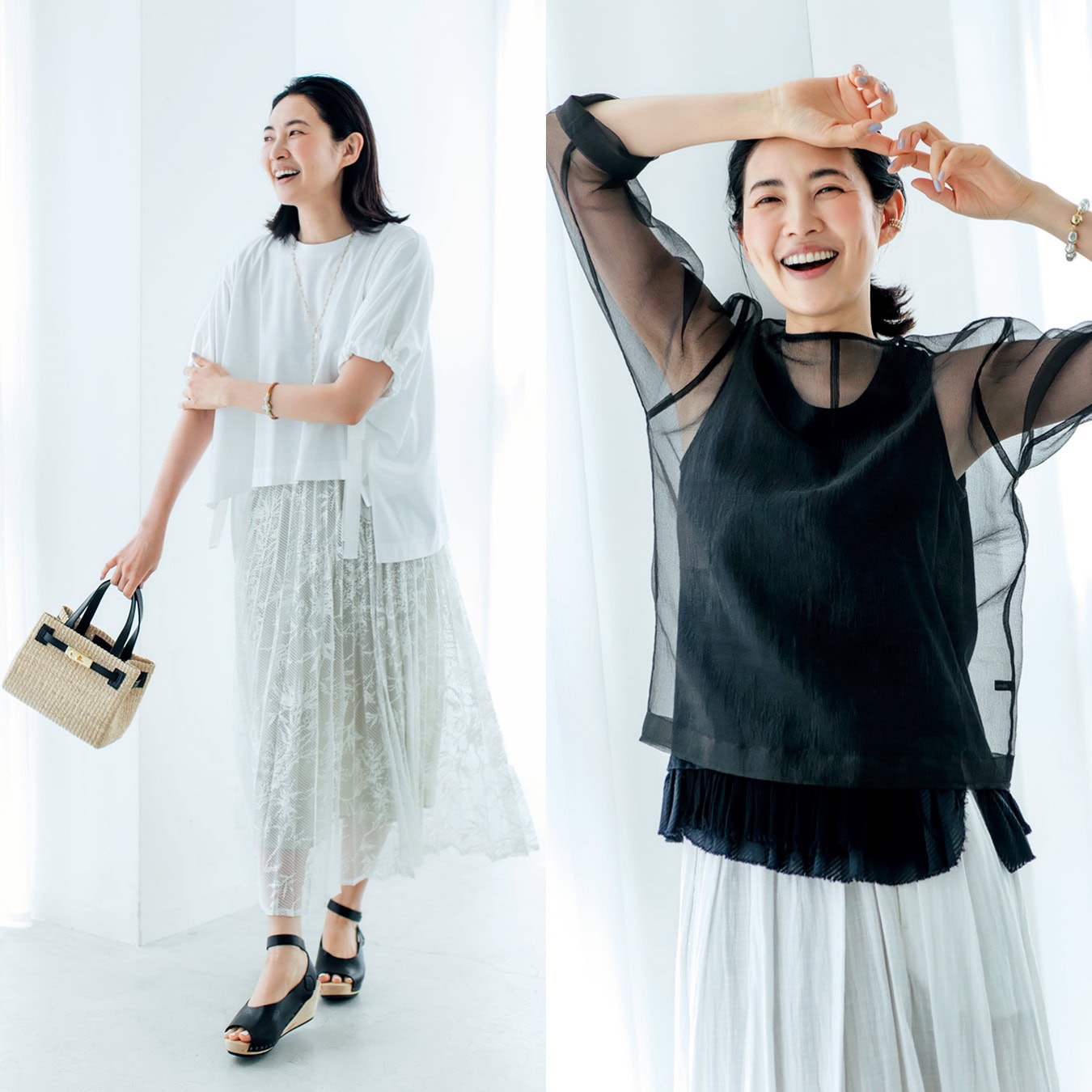 50代のモノトーン【白】Tシャツと【黒】シアーが大人の夏服を上品に
