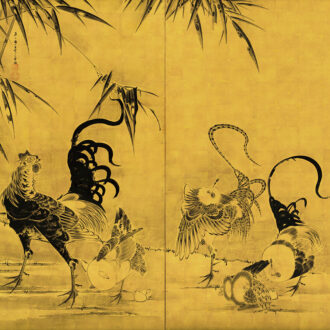 伊藤若冲「竹鶏図屏風」寛政 2（1790）年以前 二曲一隻 紙本金地墨画