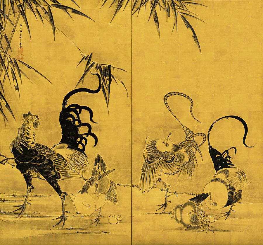 伊藤若冲「竹鶏図屏風」寛政 2（1790）年以前 二曲一隻 紙本金地墨画