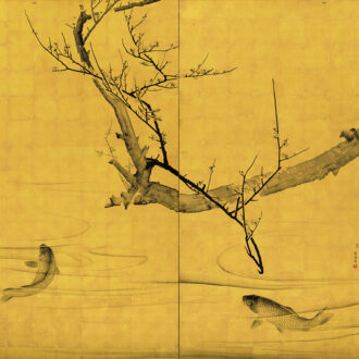 円山応挙「梅鯉図屏風」天明 7（1787）年 二曲一隻 紙本金地墨画