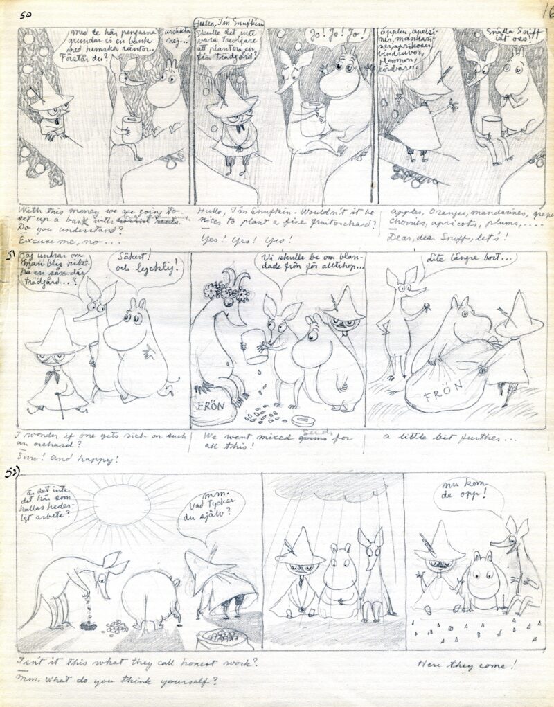 トーベ・ヤンソン 新聞連載マンガ「ひとりぼっちのムーミン」スケッチ 1954-55年頃 鉛筆、紙 ムーミンキャラクターズコレクション © Moomin Characters