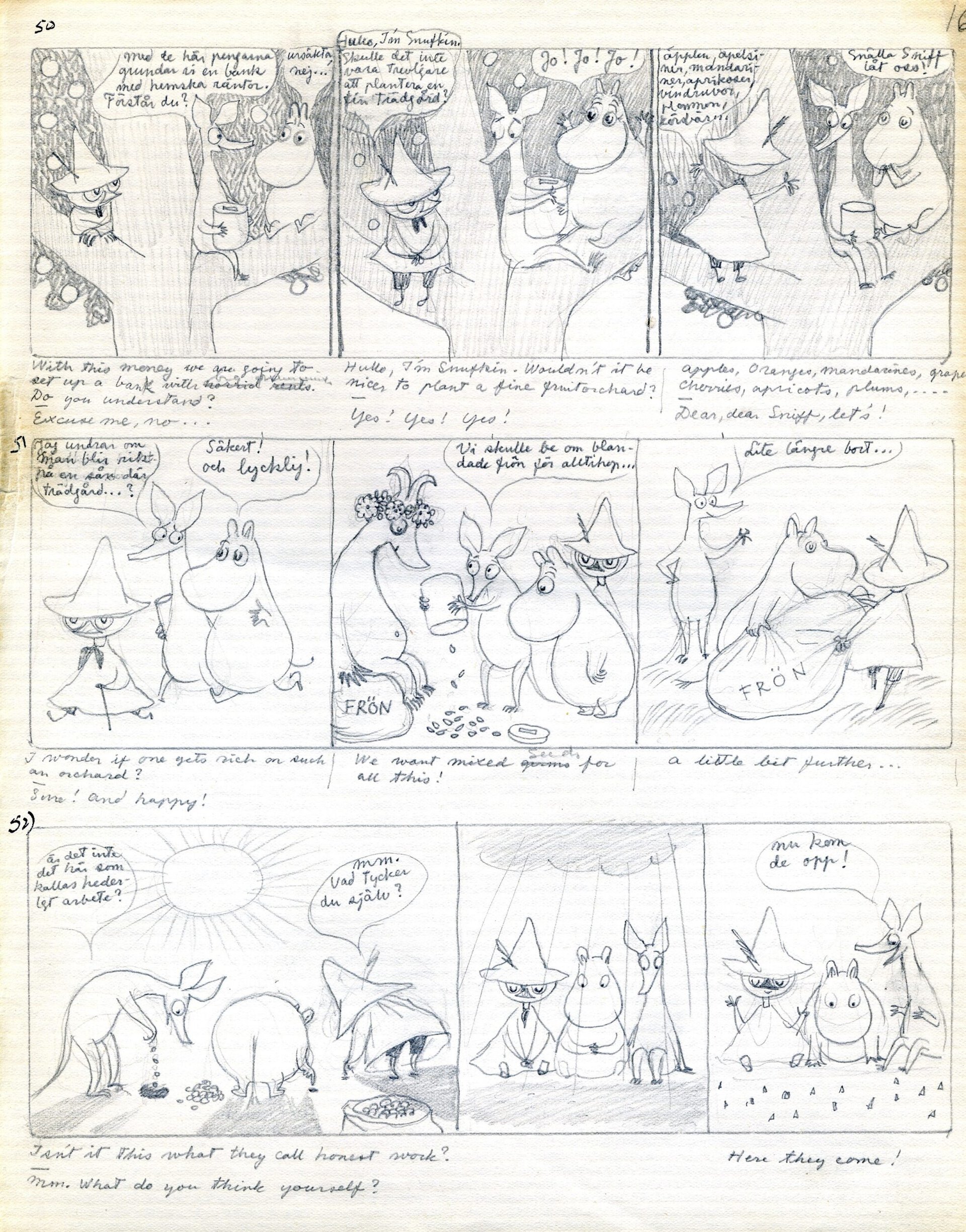 トーベ・ヤンソン 新聞連載マンガ「ひとりぼっちのムーミン」スケッチ 1954-55年頃 鉛筆、紙 ムーミンキャラクターズコレクション © Moomin Characters