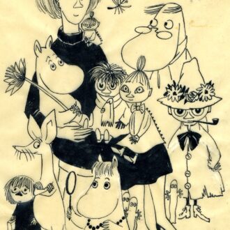 トーベ・ヤンソン「ムーミンたちとの自画像」1952年 インク、紙 ムーミンキャラクターズコレクション © Moomin Characters™