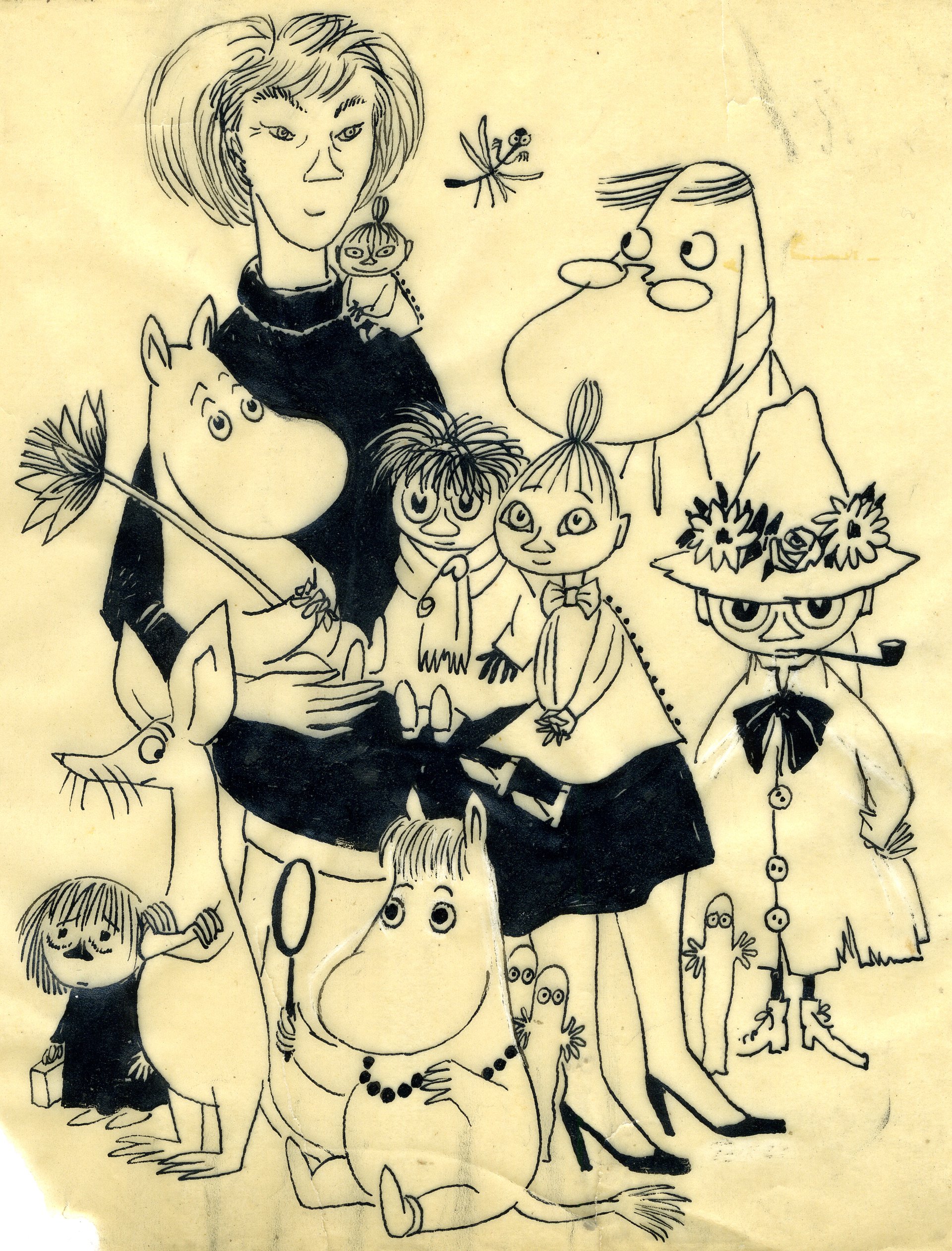 トーベ・ヤンソン「ムーミンたちとの自画像」1952年 インク、紙 ムーミンキャラクターズコレクション © Moomin Characters™