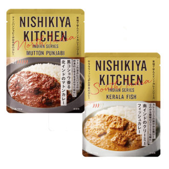 南インドのクリーミーフィッシュカレー、黒コショウ香る北インドのマトンカレー、各180g¥590／ニシキヤキッチン