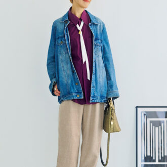 シャツ／ユニクロ、パンツ／無印良品、デニムジャケット／リサイクルショップで購入、バッグ／メゾン マルジェラ、シューズ／ロエベ