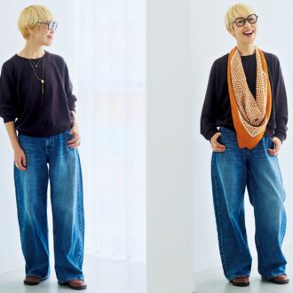 スウェットトップス、デニムパンツ／ともにユニクロ、シューズ／ロエベ
