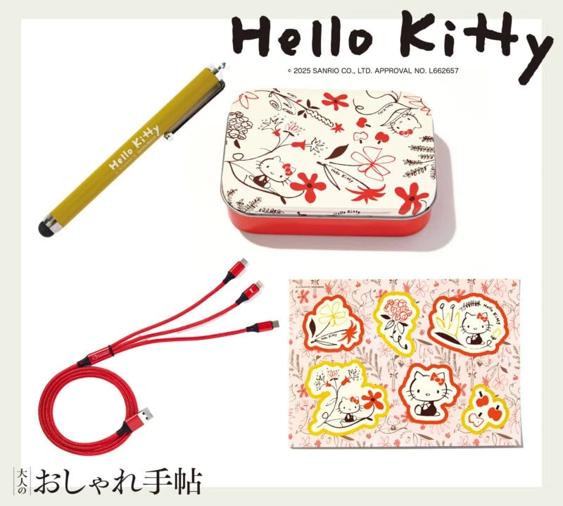 【雑誌付録】キティちゃんの120cm充電ケーブルとタッチペンでデジタルライフをもっと楽しく！　大人っぽデザインがプレミアムな豪華4点セット