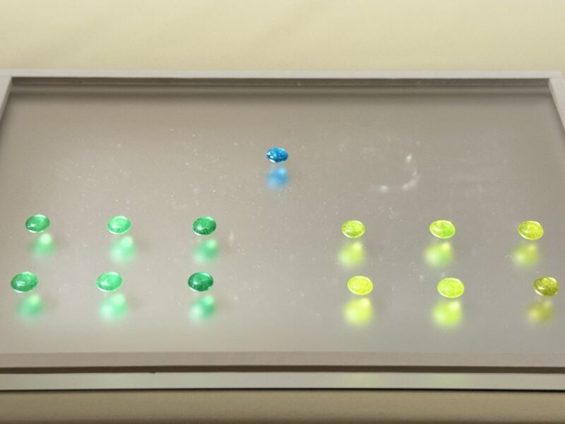 第77回正倉院展 北倉18「藍色瑠璃双六子(あいいろのるりのすごろくし)」:上1枚、「浅緑瑠璃双六子(あさみどりるりのすごろくし)」:右下6枚、「緑瑠璃双六子(みどりるりのすごろくし)」:左下6枚