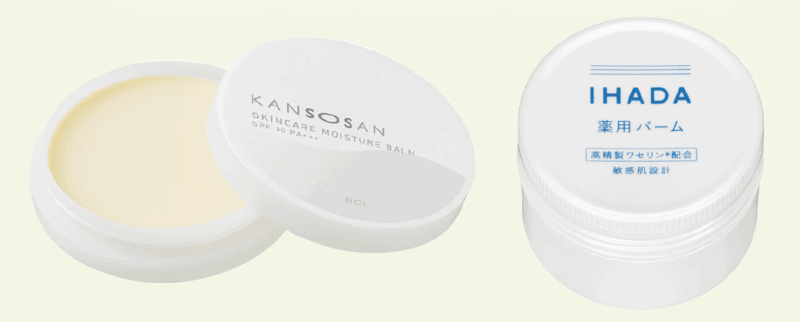 （右）うるおいで肌を守りながら水分の蒸散を抑え、肌荒れ防止有効成分でいたわる。 イハダ 薬用バーム ［医薬部外品］20g ¥1,485（編集部調べ）／資生堂　 （左）紫外線カット効果もあり、化粧下地としてもOK。乾燥さん　 保湿力スキンケアバーム SPF30･PA+++ 17g ¥1,650／ BCL