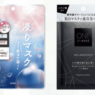 （右）紫外線ダメージをなかったことに。ONE BY KOSÉ　メラノショット Wマスク［ 医薬部外品］ １枚入り ¥1,430（編集部調べ）／コーセー　 （左）ハリ・弾力ケアも。サナ なめらか本舗 薬用リンクルエッセンスマスク ホワイト［医薬部外品］ ７枚入り ¥770（編集部調べ）／常盤薬品工業