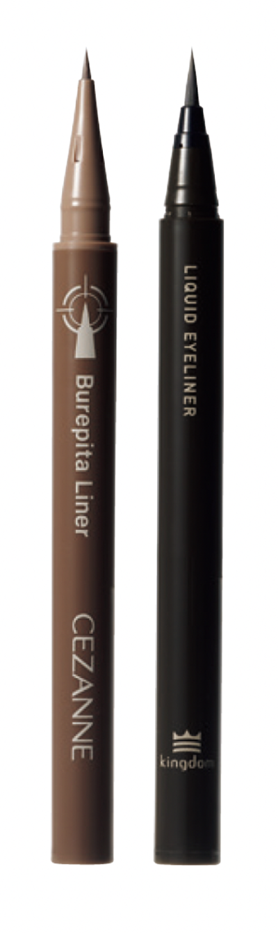 （右）アイドルメイクの神と呼ばれるメイクアップアーティスト夢月氏プロデュース。クッキリしながらも柔らかいブラックブラウン。 キングダム リキッドアイライナーTP BB¥1,650／キューティス　 （左）描きたいところにフィットしてぶれにくい筆先。 セザンヌ ブレぴたライナー20 ¥891／セザンヌ化粧品