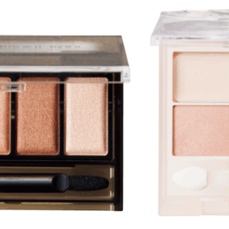 （右）まぶたのくすみを飛ばして、発色と色持ちをよくする、クリーム状のアイカラーベース入り。 KiSS ズームアイポーション 02 ¥1,760／KISSME（伊勢半） （左）透明感のある発色で、まぶたにさり気ない深みをプラスする。 ケイト メロウブラウンアイズ EX-1¥1,320（編集部調べ、限定発売）／カネボウ化粧品