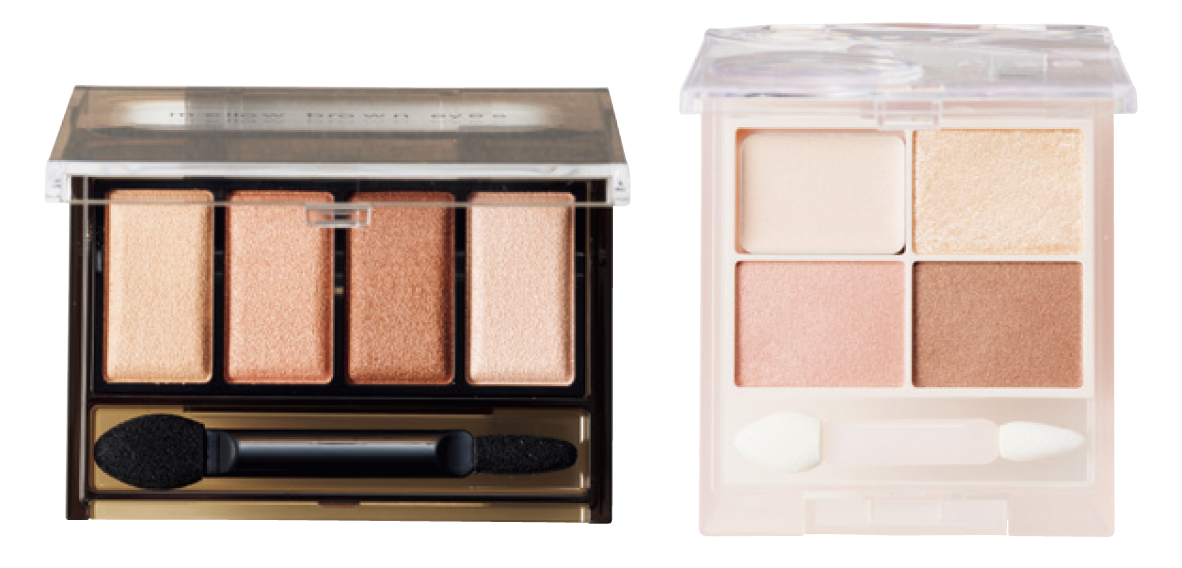 （右）まぶたのくすみを飛ばして、発色と色持ちをよくする、クリーム状のアイカラーベース入り。 KiSS ズームアイポーション 02 ¥1,760／KISSME（伊勢半） （左）透明感のある発色で、まぶたにさり気ない深みをプラスする。 ケイト メロウブラウンアイズ EX-1¥1,320（編集部調べ、限定発売）／カネボウ化粧品