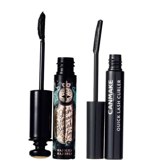 （右）時間が経っても、きれいなカールをキープする。 キャンメイク クイックラッシュカーラーBK ¥748／井田ラボラトリーズ　 （左）孔雀の羽を広げたような上向きロングまつ毛を実現。 マジョリカ マジョルカ ラッシュエキスパンダー 孔雀ロング BK999 ¥1,650（編集部調べ）／資生堂