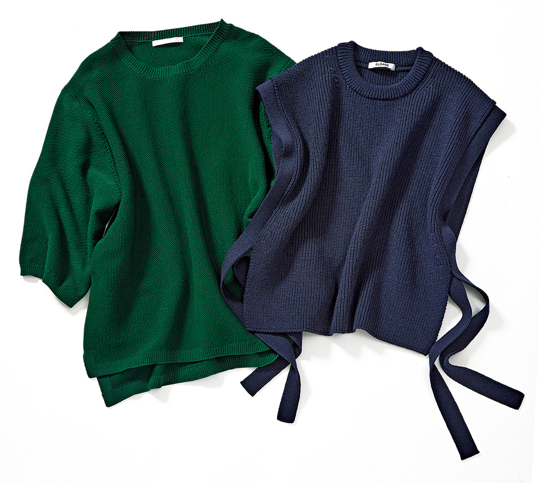 （右）サイドリボンがアクセントに。着るだけでおしゃれが決まるニットベスト￥36,300 ／スローン（ザ ショップ スローン 神戸） （左）体のラインをふんわりと包むプルオーバー。ハリ感に加え、ストレッチ性もあり着心地抜群。プルオーバー￥28,600 ／ケイ ハヤマ プリュス