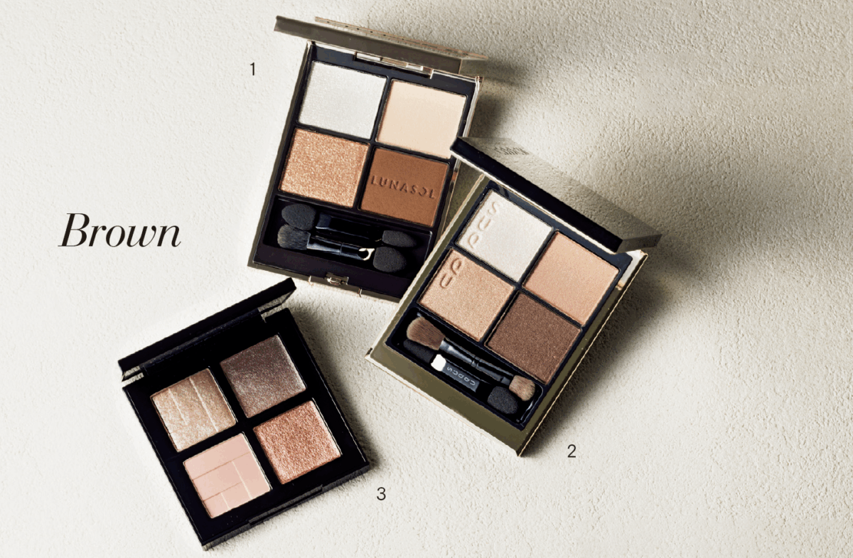 1. パールの光沢で華やぎのある目元に。ルナソル アイカラーレーションN 15 ¥7,700 /カネボウ化粧品 2. 透明感のあるパールをふんだんに配合。まぶたにつけても沈まず、生き生きとした印象に見せる。SUQQU シグニチャー カラー アイズ15¥7,700 / SUQQU 3. ほんの少しピンクのニュアンスがあり甘さを感じさせる発色。サイズの小さいパール配合で、さり気なくきらめく。アイスカルプト クール ブラッシュ ¥7,480/シュウ ウエムラ