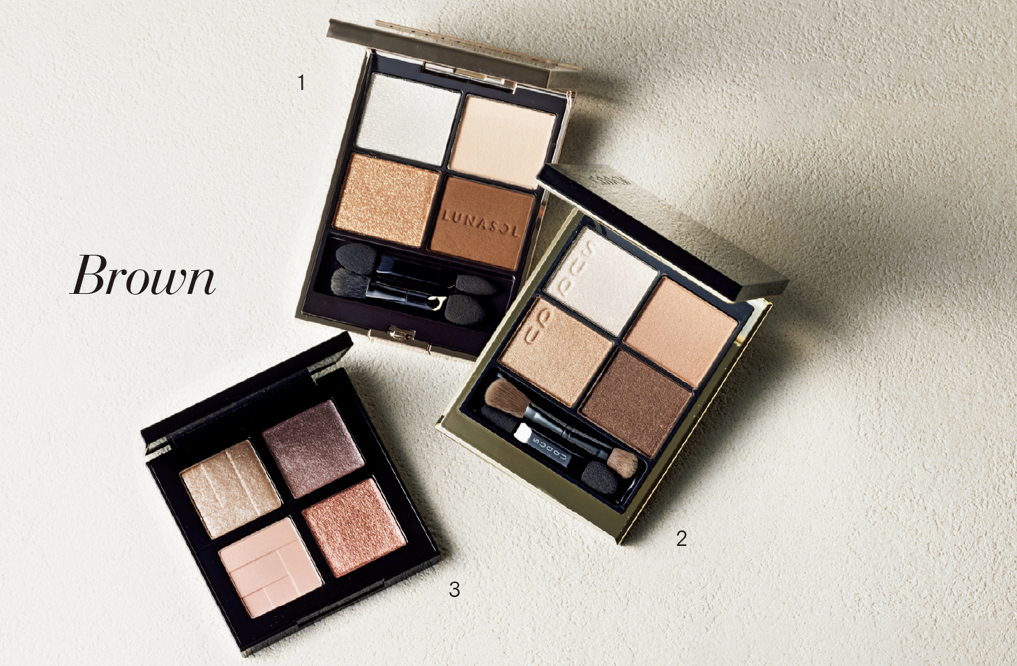 1. パールの光沢で華やぎのある目元に。ルナソル アイカラーレーションN 15 ¥7,700 /カネボウ化粧品 2. 透明感のあるパールをふんだんに配合。まぶたにつけても沈まず、生き生きとした印象に見せる。SUQQU シグニチャー カラー アイズ15¥7,700 / SUQQU 3. ほんの少しピンクのニュアンスがあり甘さを感じさせる発色。サイズの小さいパール配合で、さり気なくきらめく。アイスカルプト クール ブラッシュ ¥7,480/シュウ ウエムラ