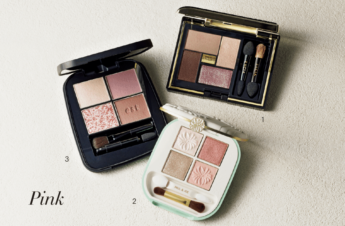 1. カサつきがちなまぶたにつけても粉っぽくならず、なめらかになじむ。エクシア アイカラー ヴォロンテ 08 ¥6,600 /アルビオン 2.ピンク系ながら彩度を抑えたシックな発色で使いやすい。繊細なパール感が、目元に立体感をプラスする。ポール& ジョー アイデザイン パレット 09 ¥5,500/ポール & ジョー ボーテ 3.透明感のある発色で、柔らかい印象に。エスト トランスフィア アイカラーEX02 ¥6,490(限定発売)/エスト