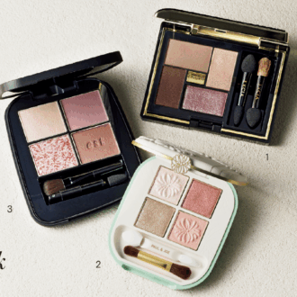 1. カサつきがちなまぶたにつけても粉っぽくならず、なめらかになじむ。エクシア アイカラー ヴォロンテ 08 ¥6,600 ／アルビオン　 2.ピンク系ながら彩度を抑えたシックな発色で使いやすい。繊細なパール感が、目元に立体感をプラスする。ポール＆ ジョー アイデザイン パレット 09 ¥5,500／ポール ＆ ジョー ボーテ　 3.透明感のある発色で、柔らかい印象に。エスト トランスフィア アイカラーEX02 ¥6,490（限定発売）／エスト