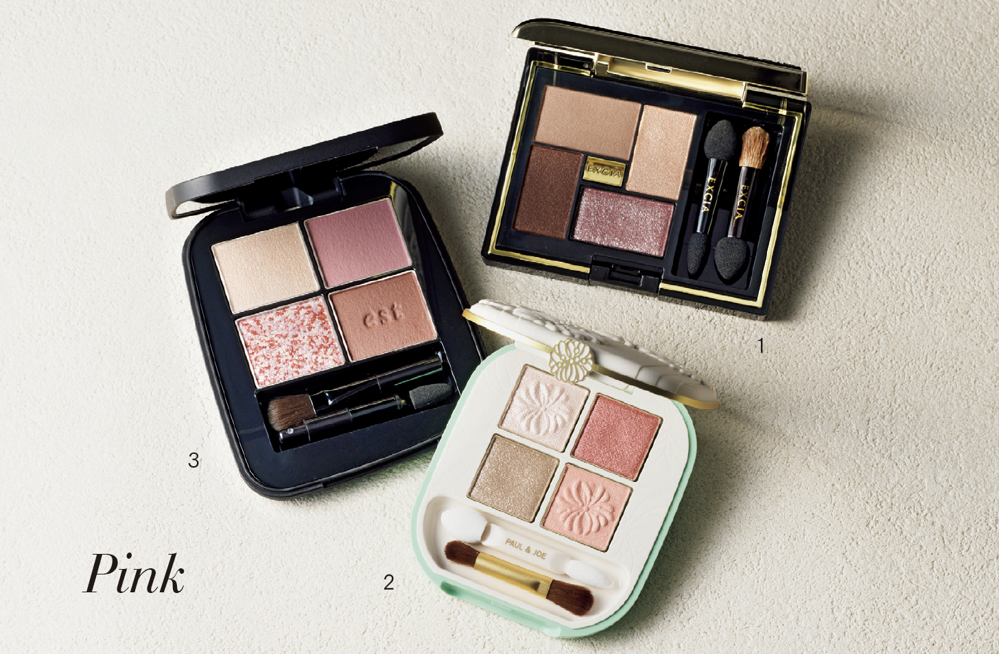 1. カサつきがちなまぶたにつけても粉っぽくならず、なめらかになじむ。エクシア アイカラー ヴォロンテ 08 ¥6,600 /アルビオン 2.ピンク系ながら彩度を抑えたシックな発色で使いやすい。繊細なパール感が、目元に立体感をプラスする。ポール& ジョー アイデザイン パレット 09 ¥5,500/ポール & ジョー ボーテ 3.透明感のある発色で、柔らかい印象に。エスト トランスフィア アイカラーEX02 ¥6,490(限定発売)/エスト