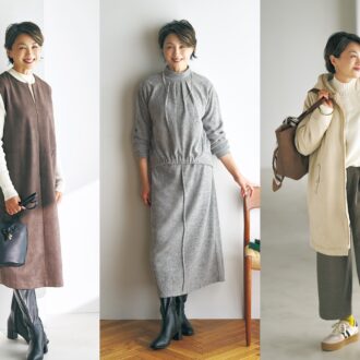 〈香坂みゆきさんが着こなす〉
軽くてあったか、心地いい！
hareiro的 大人の上品カジュアル