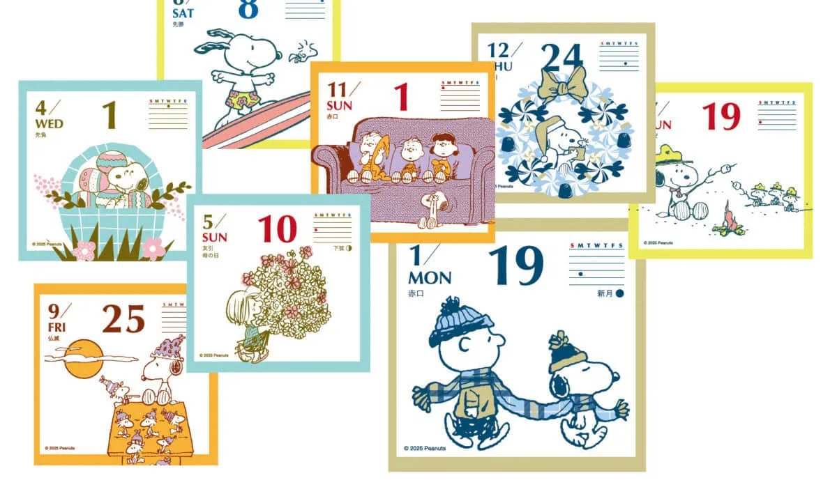 日付や曜日はもちろん、国民の祝日、イベント、六曜、月の満ち欠け、何週目かがわかるカレンダーも記載。