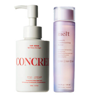 （右）まとまりやすく整える。メルト スムースコンディショニングウォーター 170mL ¥1,430（編集部調べ）／花王　 （左）毛髪補修・うねりケア成分配合。コンクレッド ハイインテンシブケア ストレート ５％濃度 ヘアセラム 100mL¥1,980／マツキヨココカラ＆カンパニー