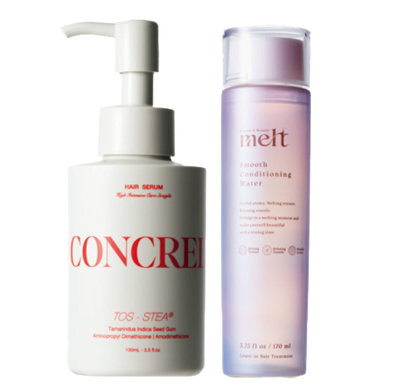 （右）まとまりやすく整える。メルト スムースコンディショニングウォーター 170mL ¥1,430（編集部調べ）／花王　 （左）毛髪補修・うねりケア成分配合。コンクレッド ハイインテンシブケア ストレート ５％濃度 ヘアセラム 100mL¥1,980／マツキヨココカラ＆カンパニー