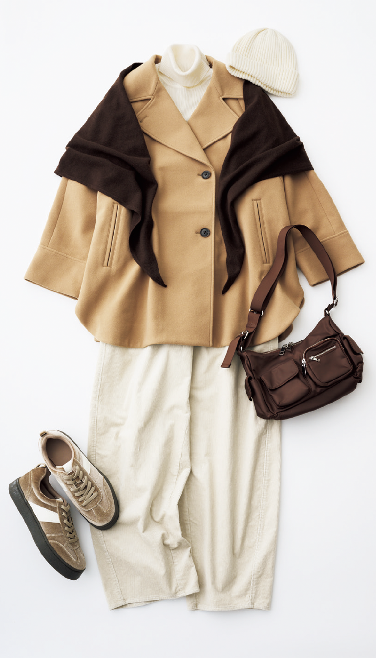 リブタートルネックセーター（一部店舗のみ販売）¥1,990、コーデュロイパンツ¥2,990、三角ストール（一部店舗のみ販売）¥1,990、ニットキャップ¥1,290、ショルダーバッグ（一部店舗のみ販売）¥2,990、スニーカー¥2,990／すべてジーユー