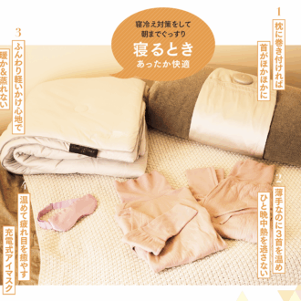 1. 枕に巻き付ければ首がほかほかに 寝つくときに気になる肩や首の冷え。いつもの枕にぐるりと巻くだけのネックウォーマーは、充電式で首に当たる部分を温めます。シルク100%のやさしい肌触りで、朝までぐっすり。 おやすみネックウォーマー¥7,700/アテックスルルド(銀座ロフト) 2. 薄手なのに3首を温めひと晩中熱を逃さない 太い血管の通る首、手首、足首に加え、腹巻部分に吸湿発熱効果の高いリブ素材を使用。薄手で締め付け感ゼロなのにすき間風を防ぎ、朝までポカポカに。身頃部分は吸水、吸湿性に優れたコットン。 3くび温活パジャマ¥10,780〜/ネムリア(アメイズプラスお客様相談室) 3. ふんわり軽いかけ心地で暖か&蒸れない 放湿性と速乾性の高いサーモバランスファイバーを使用。湿気の影響を受けずに、ふとんの中を年中快適に。マシュマロのようなふんわりしたかけ心地で、快適な睡眠にいざなわれます。 ヒツジのいらないかけ布団® ―四季―¥23,500〜/ヒツジのいらない枕 4. 温めて疲れ目を癒やす充電式アイマスク 繰り返し使える充電式のホットアイマスク。3段階の温感と、なめらかな素材のシルクカバーで目もとを温めます。バッテリーとボタンが前にあり、横向き寝でも気にならない設計。 めめホット¥4,950/アテックスルルド(銀座ロフト)