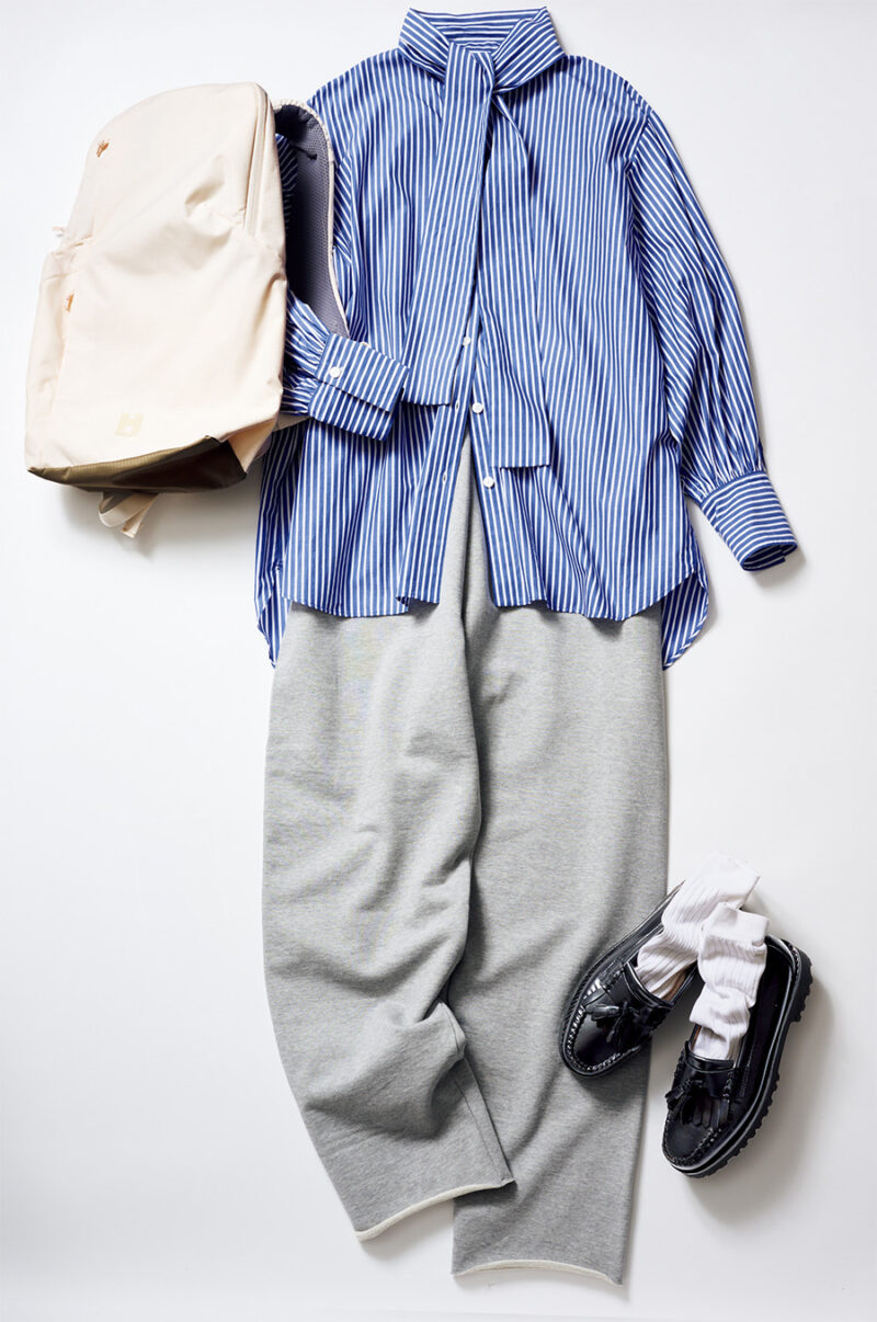 ローファー¥36,300 /ジーエイチバス(ジーエイチバス トウキョウ)、スウェットパンツ¥23,100/アストラット(エディット ユナイテッドアローズ 梅田店)、シャツ¥24,200/ハリス(金万)、リュック¥13,200 /ミレー(ミレー・マウンテン・グループ・ジャパン)、ソックス¥1,760/テンベア(テンベア トウキョウ)