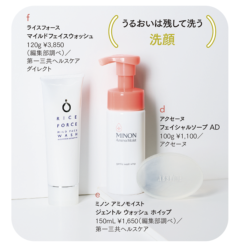 d アクセーヌ フェイシャルソープ AD 100g ¥1,100/アクセーヌ 1995年の発売以来、敏感肌に愛されてきたロングセラー。刺激の原因になりやすい原料を徹底カット。 e ミノン アミノモイスト ジェントル ウォッシュ ホイップ 150mL ¥1,650(編集部調べ)/第一三共ヘルスケア 忙しい毎日に嬉しい、ボトルからふわふわ泡で出てくるタイプ。次に使う化粧品がなじみやすい肌に整える。 f ライスフォース マイルドフェイスウォッシュ 120g ¥3,850(編集部調べ)/第一三共ヘルスケアダイレクト 肌にやさしい弱酸性アミノ酸系洗浄成分を採用。洗い上がりのつっぱり感がなく、心地よい感触に。