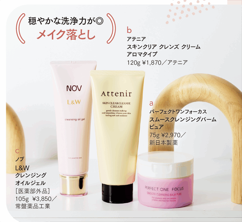 a パーフェクトワンフォーカス スムースクレンジングバーム ピュア 75g ¥2,970／新日本製薬 マッサージに適した厚みのバーム形状で、肌に負担をかけない摩擦レスな感触。トリートメント効果も大。　 b アテニア スキンクリア クレンズ クリーム アロマタイプ 120g ¥1,870／アテニア とろけるバームが、瞬時にメイクや汚れになじむ。肌荒れを防ぎ、うるおいとハリのある肌に。　 c ノブ L&W クレンジングオイルジェル［医薬部外品］ 105g ¥3,850／常盤薬品工業 スクワランやヒアルロン酸など保湿成分を贅沢に配合し、クレンジング後の肌をしっとりと整える。