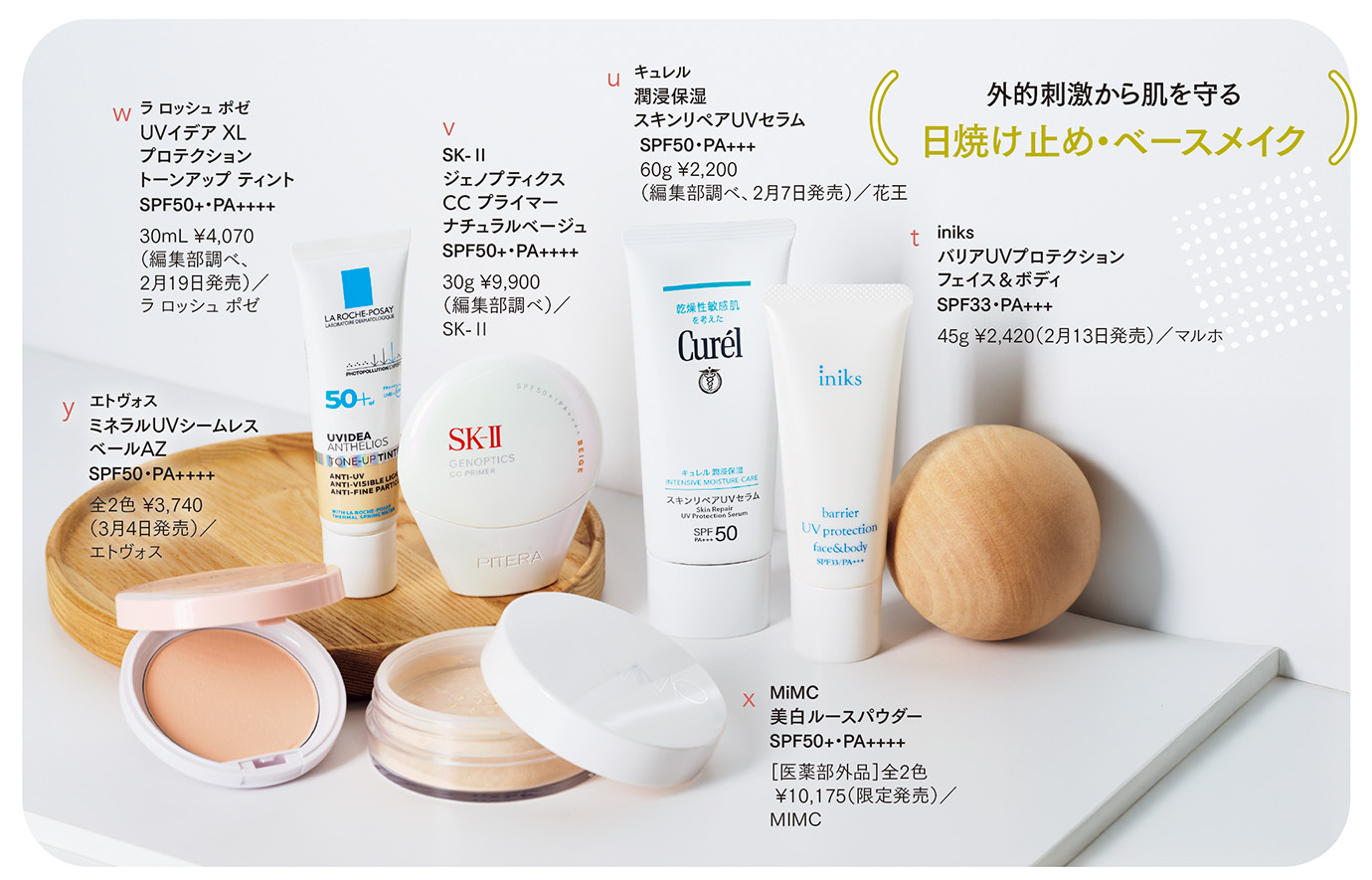t iniks SPF33・PA+++ バリアUVプロテクション フェイス＆ボディ 45g ¥2,420／マルホ 古事記の「因幡の白兎」でウサギの皮膚を癒やしたとされるヒメガマの穂から抽出した成分を配合。角層バリアが乱れた敏感肌をケア。　 u キュレル 潤浸保湿 スキンリペアUVセラム SPF50・PA+++ 60g ¥2,200（編集部調べ）／花王 色つき日焼け止めが登場。微細なカプセルが肌を隙間なく覆い、「塗っていたのに焼けた」を防ぐ。　 v SK-Ⅱ SPF50+・PA++++ ジェノプティクス CC プライマー ナチュラルベージュ 30g ¥9,900（編集部調べ）／SK-Ⅱ 保湿、紫外線カット、ナチュラルカバーが叶うCCクリーム。さらに、SK-Ⅱの独自成分ピテラＴＭとナイアシンアミドが肌を健やかに保つ。　 w ラ ロッシュ ポゼ UVイデア XL プロテクション トーンアップ ティント SPF50+・PA++++ シミ、しわ、赤みをカバーし、肌色をトーンアップ。美容液成分50％配合で、うるおいが長時間続く。　x 肌荒れケアと美白ケアを兼ね備えたフェイスパウダー。くすみや毛穴をふんわりとカバーする。　 y エトヴォス ミネラルUVシームレス ベールAZ 全2色 ¥3,740／エトヴォス 朝の仕上げにも、日中のメイク直しにも、薄づきベースメイクとしても活躍するプレストパウダー。