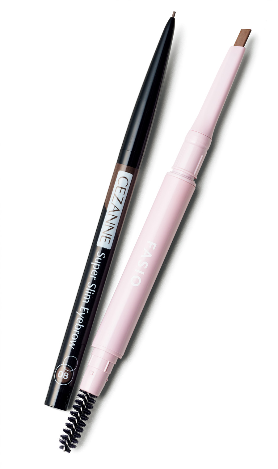 （右）鋭角部分で繊細眉に、面を使えばふんわり眉に。ファシオ ウォータープルーフ アイブロウ（しずく型芯） 02 ¥1,100（編集部調べ）／コーセー　 （左）0.9mmの細芯でもしっかり発色。セザンヌ 超細芯アイブロウ08 ¥550／セザンヌ化粧品