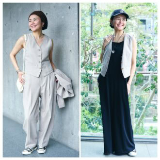 【１週間コーデ】
初夏のジレ、着まわし２選  
セットアップでトラッドに、オールインワンに合わせてリラックス
～〈金曜日〉#019 Yuko Adachi～