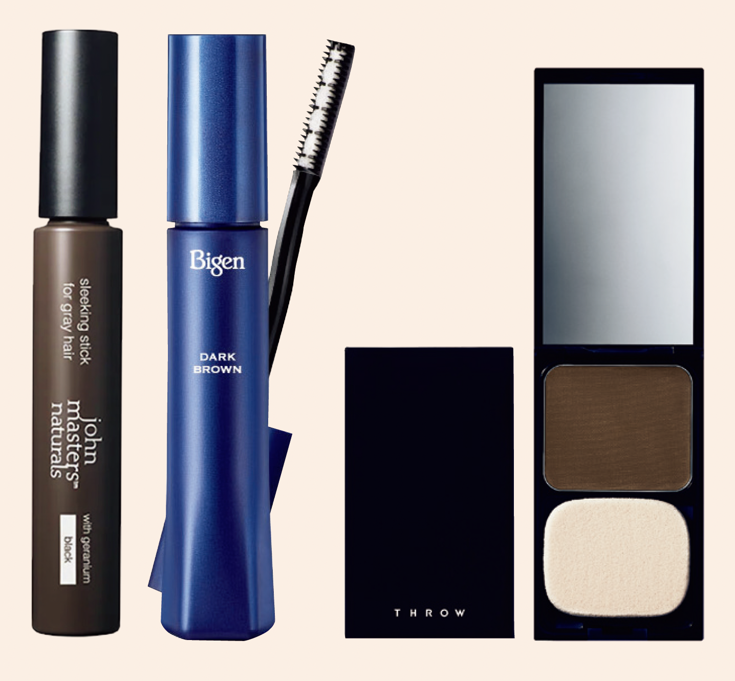 右から、スロウ ヘアカラーコンシーラー11g ￥3,080／ビーエックス、ビゲン ヘアマスカラ　ダークブラウン15mL ¥837（編集部調べ）／ホーユー、スリーキング スティックフォーグレイヘアBLK N 　15g ￥2,860／ジョンマスターオーガニック
