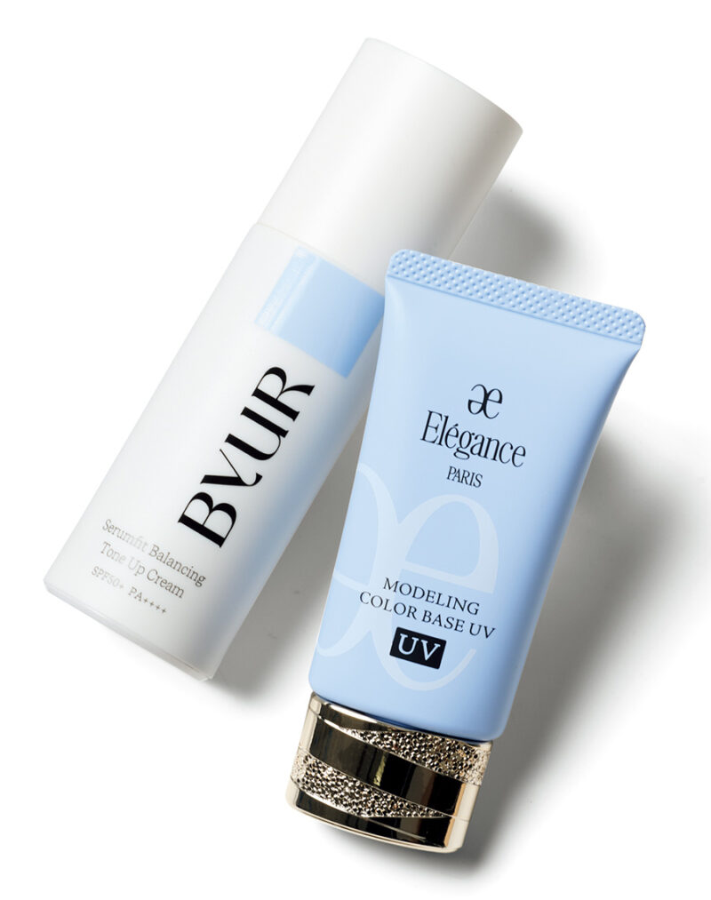 （右）肌の凹凸をなめらかに整える。エレガンス モデリング カラーベース UV BU330 SPF40･PA+++ ¥5,500／エレガンス コスメティックス　 （左）美容成分たっぷり。バイユア セラムフィット バランシング トーンアップクリーム02 SPF50+･PA++++ ¥2,750／Hamee