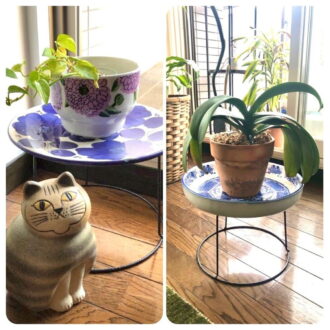 ダイソーの鉢スタンドにお皿を乗せて花台に