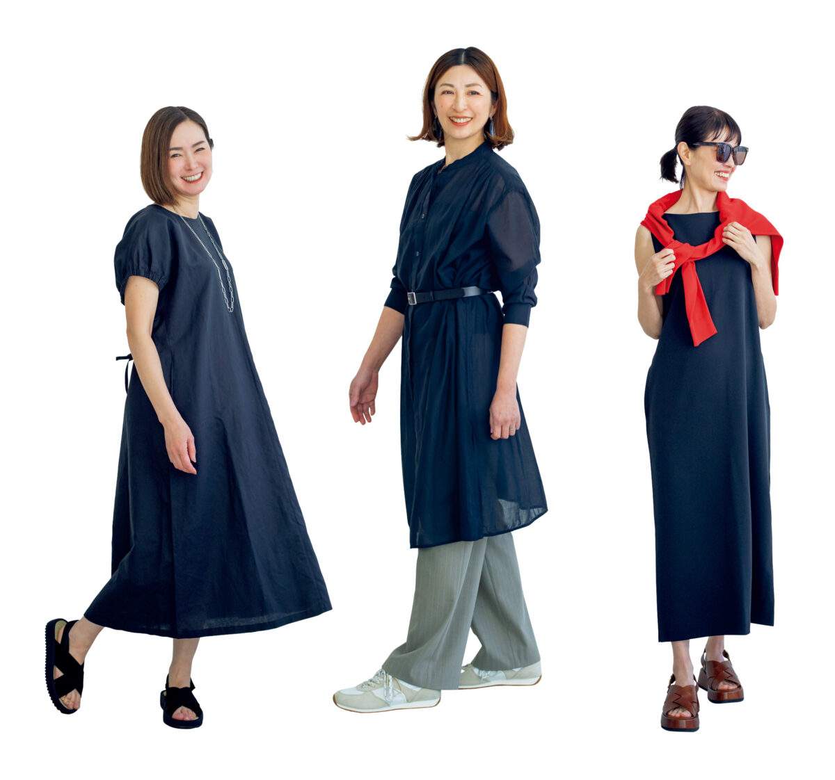 (右)前開きで着まわしやすい。ワンピース¥5,990/無印良品(無印良品 銀座)、パンツ¥3,990、ベルト¥2,990/ともにユニクロ、スニーカー¥2,990/GU(ジーユー)、イヤリング¥10,800/アビステ、(中)上質感あるクレープジャージ素材。ワンピー¥3,990、 肩にかけたカーディガン¥2,990/ともにユニクロ、サングラス¥1,990(5月上旬発売予定)/無印良品(無印良品 銀座)、サンダル¥77,000/チエ・ミハラ(アッシュ・ペー・フランス)、(左)二の腕をパフスリーブがカバー。ワンピース¥5,990、サンダル¥4,990/ともに無印良品(無印良品 銀座)、ネックレス¥12,100/アビステ