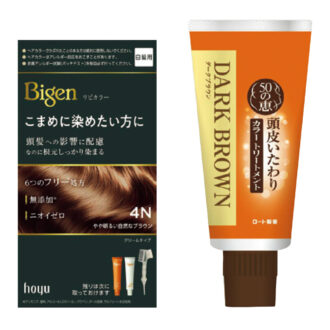 （右）色持ち１週間のカラートリートメント。サロン染めの合間のリタッチにもおすすめ！50の恵 頭皮いたわりカラートリートメント 全4色 150g ¥1,650／ロート製薬　 （左）ダメージを受けた大人髪のキューティクルを保護する成分を配合した白髪染め。ビゲン リピカラー［医薬部外品］ 全7色 1剤40g＋２剤40g ¥800（編集部調べ）／ホーユー