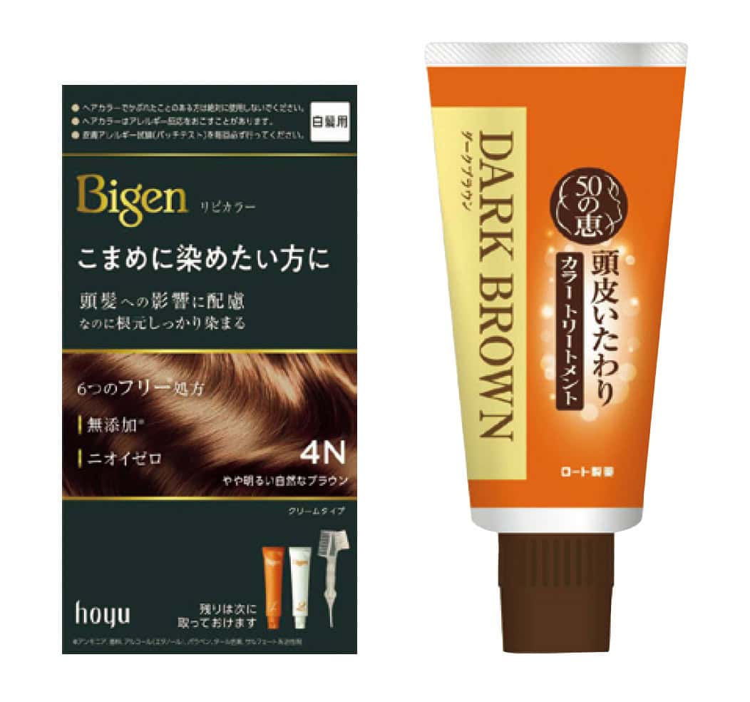 （右）色持ち１週間のカラートリートメント。サロン染めの合間のリタッチにもおすすめ！50の恵 頭皮いたわりカラートリートメント 全4色 150g ¥1,650／ロート製薬　 （左）ダメージを受けた大人髪のキューティクルを保護する成分を配合した白髪染め。ビゲン リピカラー［医薬部外品］ 全7色 1剤40g＋２剤40g ¥800（編集部調べ）／ホーユー